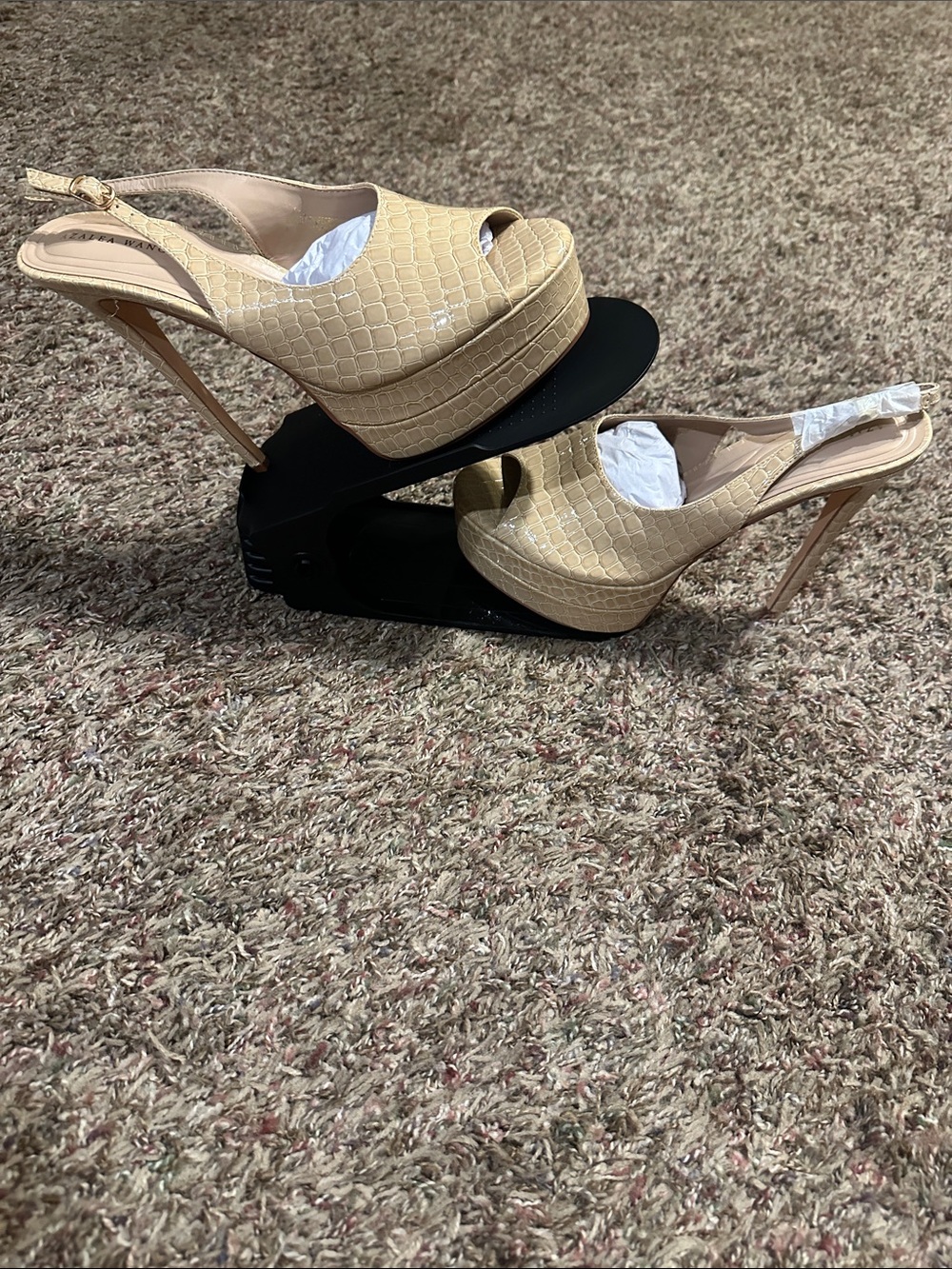 Platform Peep-Toe Slingback Heels in Neutral Croc